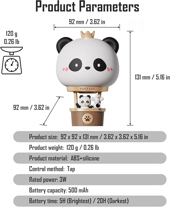 Hot Air Balloon Rechargeable Night Light, Safe Soft Silicone Material, 3 Brightness Levels, Tap Control, Warm Light, Toddler Sleeping Lamp, Bedroom Night Lamp, Gift for Baby and Kid (Panda)