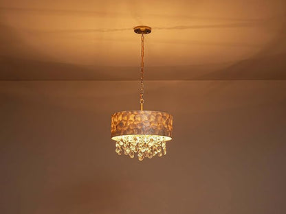 LumFurn D 16inch 4-Light Drum Capiz Shell Crystal Chandeliers, Coastal Style Pendant Light Fixture for Dining Room, Living Room, D16x20~67"(Adjustable Height), Shell Lampshade, Crystal & Gold Finish