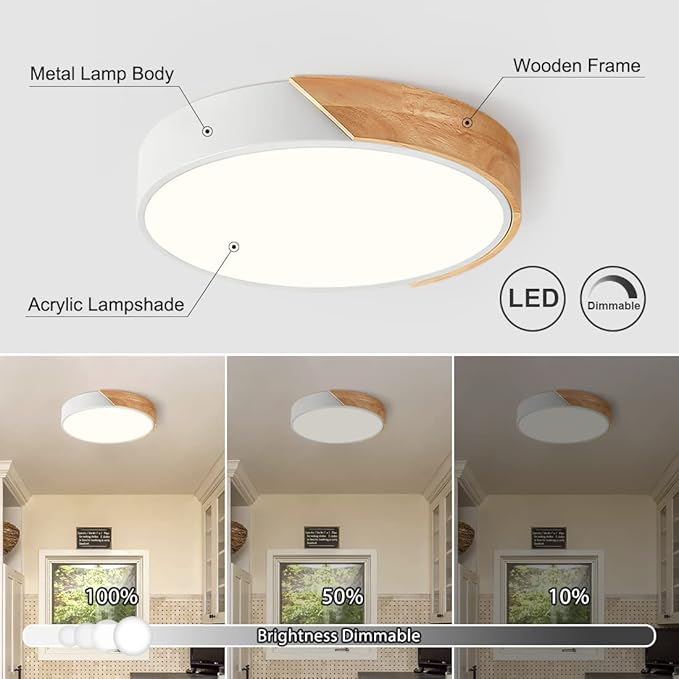 Modern Dimmable LED Ceiling Light, Minimalist Wood Style 5CCT 2700K-6000K Flush Mount Ceiling Light Fixture, Round Lighting Lamp for Bedroom, Laundry Room, Hallway, White, 11.8"