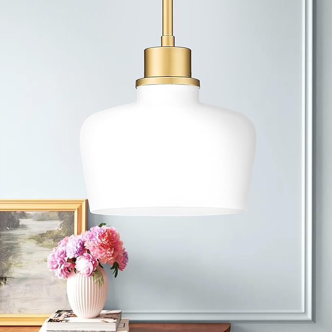 Emak Modern Pendant Lights Kitchen Island, 8 Inch Gold Pendant Light with Milk Glass Shade, Hanging Light Fixture for Kitchen Island, Dining Room, Bathroom, Bedroom, PL122-GD-ML