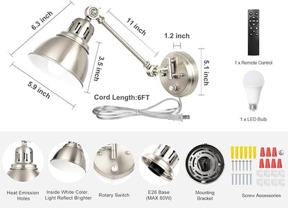 GOODATE 1 Pack Plug in Wall Sconce with Remote Control, Dimming, Adjustable Colors 2700K-6500K, Plug in Wall Light, Swing Arm Wall Lamp with Night Light & Timer, LED Bulb Included, Brushed Nickel