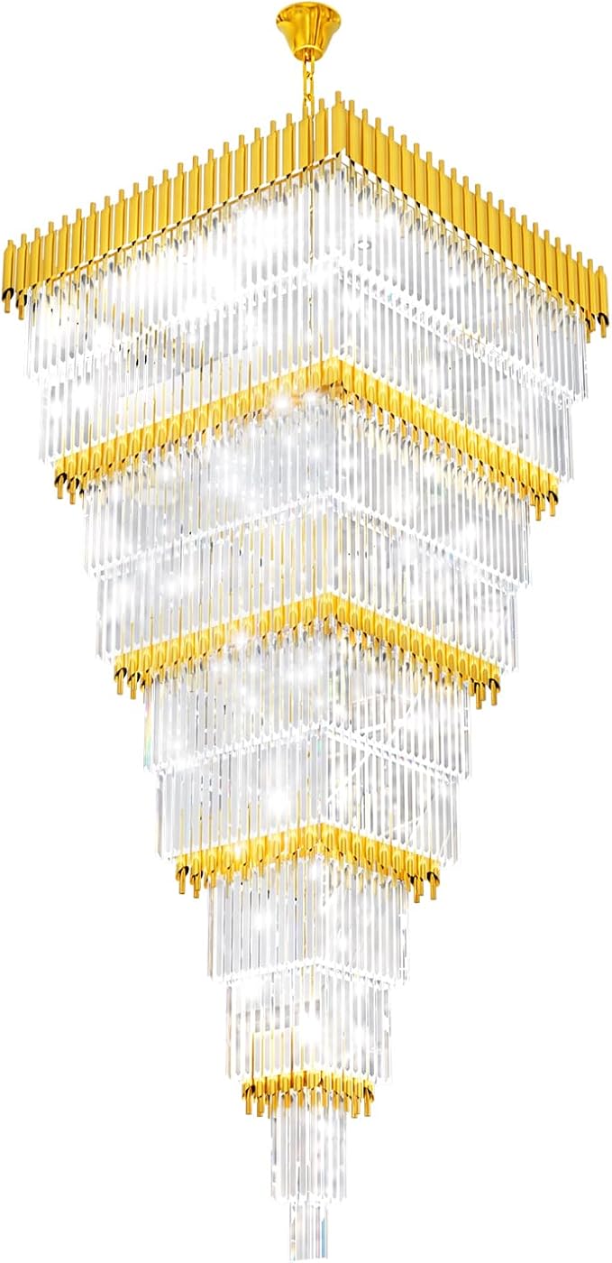 W40 x H120 Large Gold Chandeliers for High Ceiling, 37-Light Square Tiered K9 Crystal Raindrop Chandelier, Adjustable Height Luxury Pendant Light for Staircase, Villa Foyer, Entryway