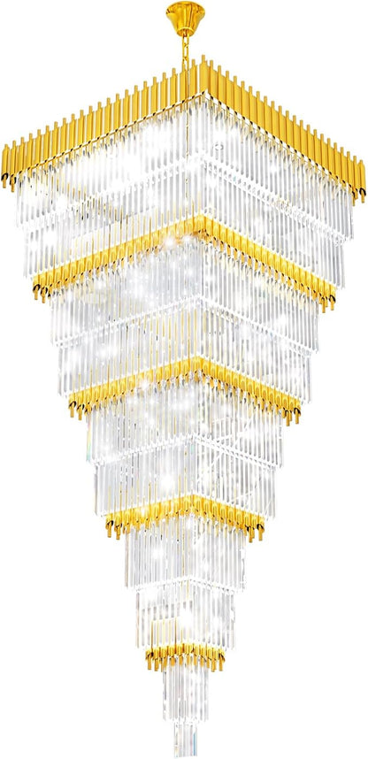W40 x H120 Large Gold Chandeliers for High Ceiling, 37-Light Square Tiered K9 Crystal Raindrop Chandelier, Adjustable Height Luxury Pendant Light for Staircase, Villa Foyer, Entryway