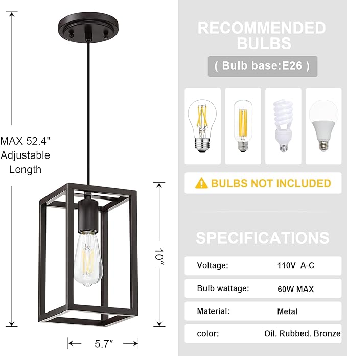 1 Light Hanging Rustic Farmhouse 5.7" Metal Lantern Cage Pendant Ceiling Light Fixture Over Sink Dining Room Bedroom Kitchen Island 3 Pack Oil Rubbed Bronze