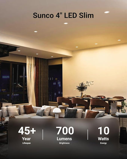 Sunco 6 Pack 4 Inch LED Recessed Lights, Slim Canless Ceiling Lighting, 650 LM, 10W (60W Equivalent), 6000K Daylight Deluxe, Dimmable, Wafer Thin, Ultra Thin with Junction Box ETL