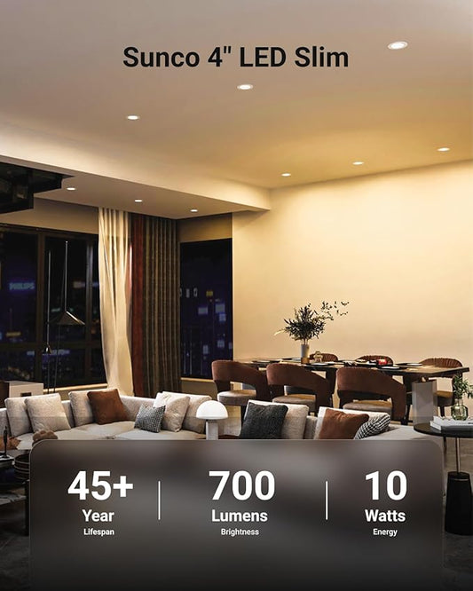 Sunco 6 Pack 4 Inch LED Recessed Lights, Slim Canless Ceiling Lighting, 650 LM, 10W (60W Equivalent), 6000K Daylight Deluxe, Dimmable, Wafer Thin, Ultra Thin with Junction Box ETL