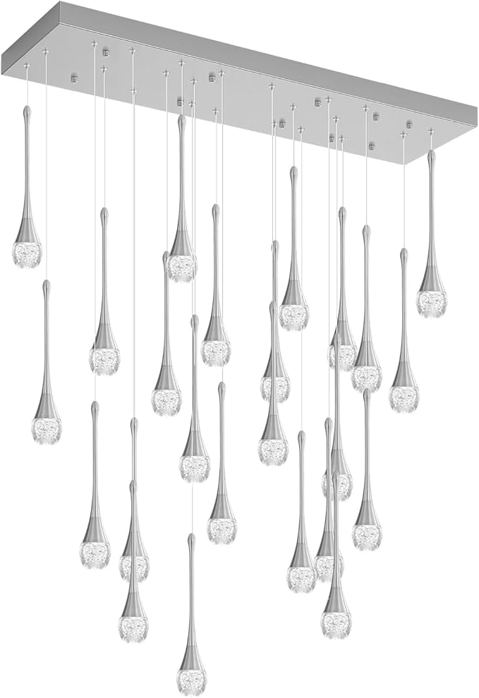 24-Lights Raindrop Chandeliers for Dining Room, Chrome Rectangular Pendant Lights Fixture,Teardrop Pendant Lights Kitchen Island, Adjustable Rectangular Chandelier for Entryway Foyer High Ceiling