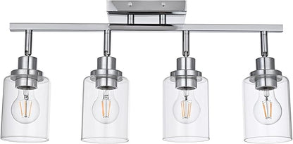 4-Light Track Lighting Kit Ceiling Kitchen Track Lighting Fixtures Chrome Bathroom Vanity Wall Lights with Clear Glass Multi-Directional Rotating Tracking Light Heads Spotlight for Accent Shop