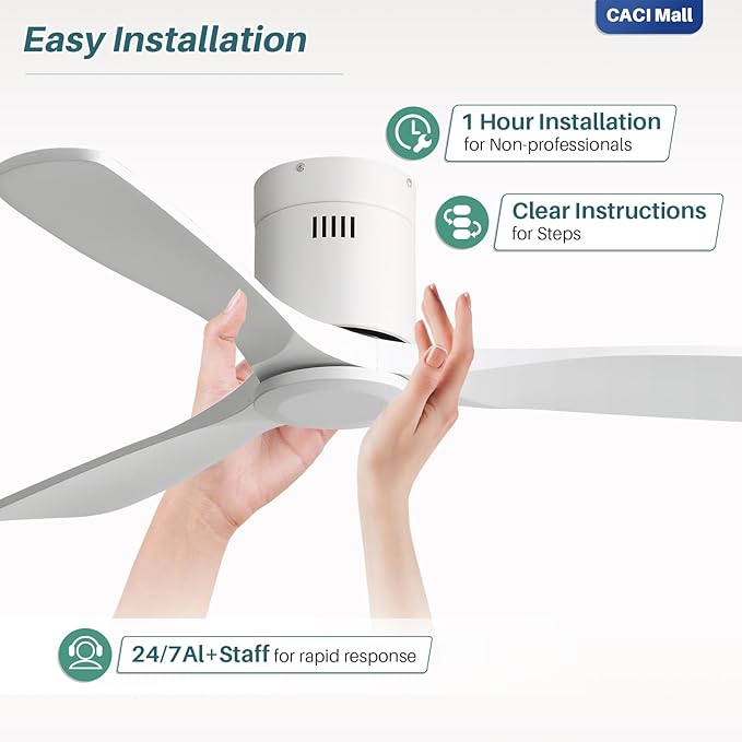 CACI Mall 52 Inch Smart Ceiling Fan without Light, Flush Mount, 3 Blades Solid Wood, Low Profile, Modern, Outdoor/Indoor Ceiling Fans No Light for Bedroom/Farmhouse/Patio