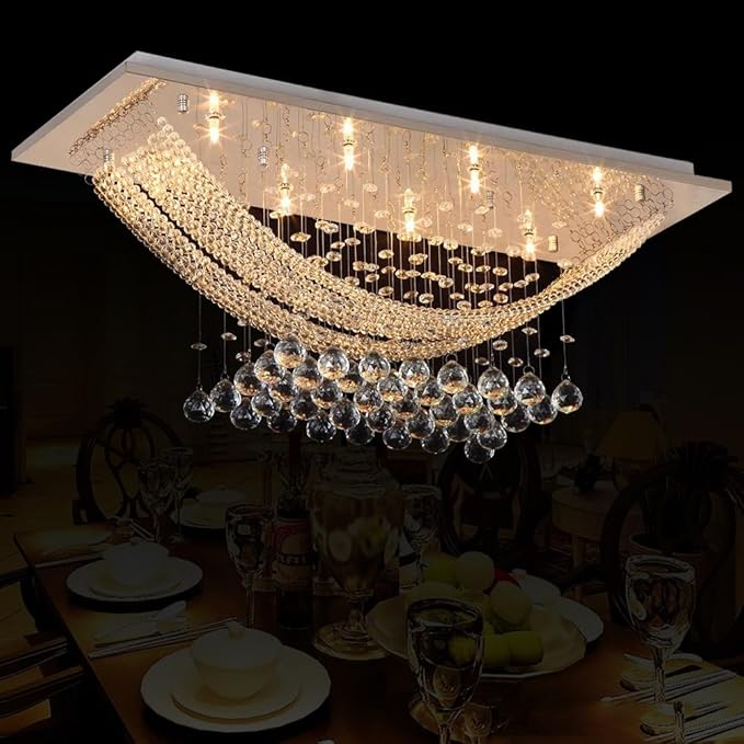 Crystal Chandelier Modern Chandelier Flush Mount Chandelier Silver Rectangle Crystal Raindrop Chandelier 8 Lights Ceiling Light Fixture Pendant Lamp for Kitchen Island Dining Room Closet Wedding Decor