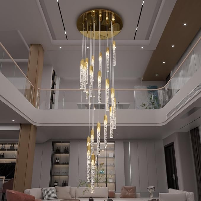 Flashing God Gold 20 Lights High Ceiling Chandelier Modern Dimmable Light Fixtures Foyer Chandelier Pendant Lighting Crystal Ceiling Chandeliers Fixtures for Villa Staircase Hallway 11.5feet Long