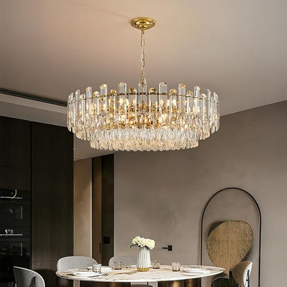 31.5" Gold Crystal Chandeliers Fully Transparent Crystal Modern3-Tier Luxury Pendant Light 12-Light Ceiling Pendant Lighting for Dinning Room Living Room Foyer