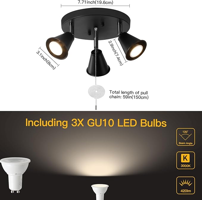 3-Light Industrial Directional Track Lighting with Pull Chain On/Off, Black Ceiling Spotlight, Morden Flush Mount Kitchen Light for Hallway,Dining Room,Porch,Office.Gu10 Bulbs Included