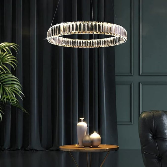 Modern Crystal Chandeliers with Remote, 3000-6000K 20in Gold Ring Pendant Light LED Dimmable Round Crystal Chandeliers with Remote for Living Room Dinning Room Bedroom