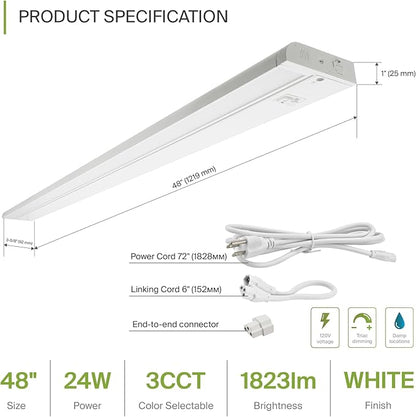 ASD Swivel LED Under Cabinet Lighting Plug in or Hardwired 48 Inch, Dimmable Under Cabinet Lights with High/Low/Off Switch, 3CCT 2700K-4000K, Linkable Under Counter Lights for Kitchen, White, ETL