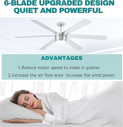 SHOWDI Ceiling Fan with Lights and Remote, 6 Blade App Control Timer Reversible Stepless Brightness and Color Temperature Outdoor Wood Ceiling Fan with Lights (Chrome, 72 Inch)