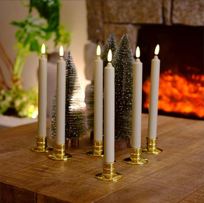 6 Pack Flameless Ivory real Wax Window Candles with 12 AA Batteries(Include, Run More Than 400 Hours) and Golden Candlebase, 10" Flickering Battery Operated LED Taper Windows Candles with Remote Timer
