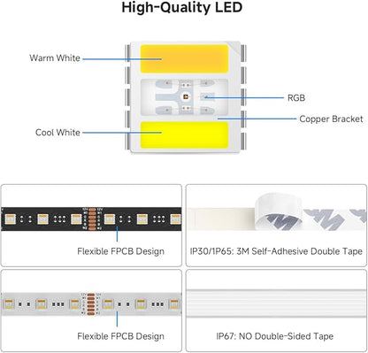 BTF-LIGHTING RGBCCT 5 Colors in 1 LED 5050SMD RGBWW RGB+Dimmable Tunable Color Temperature 2700K-6500K 16.4ft 60LEDs/m 300LEDs DC12V Multi-Colored Tape Lights IP67 White PCB(No Adapter or Controller)