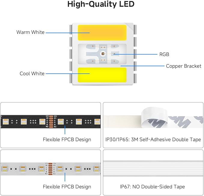 BTF-LIGHTING RGBCCT 5 Colors in 1 LED 5050SMD RGBWW RGB+Dimmable Tunable Color Temperature UL Listed 2700K-6500K 16.4ft 60LED/m 300LED DC12V Multi-Colored IP30 for Decoration(No Adapter or Controller)