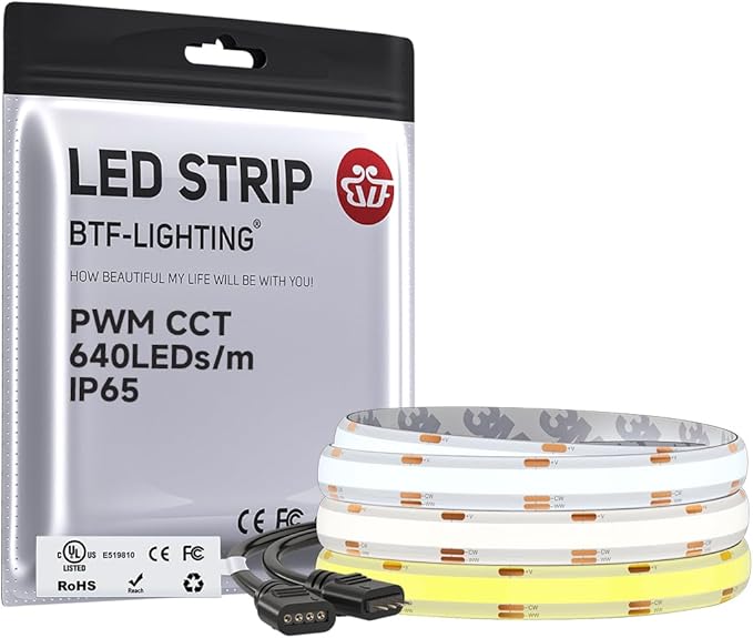 BTF-LIGHTING FCOB COB LED Strip CCT 3000K-6000K Tunable White IP65,UL Listed DC12V 9.8FT CRI 90+ Dimmable LED Tape Lights,640LEDs/m Dotless for Bedroom Kitchen Indoor Decor(No Adapter or Controller)