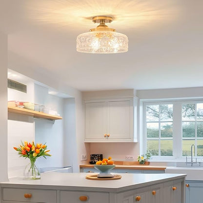 Gold Semi Flush Mount Ceiling Light, 3-Light Close to Ceiling Light with Globe Glass, Vintage Hallway Lights, Brass Closet Light Fixture, Kitchen Flush Ceiling Mount for Entryway Bedroom Bathroom,E12