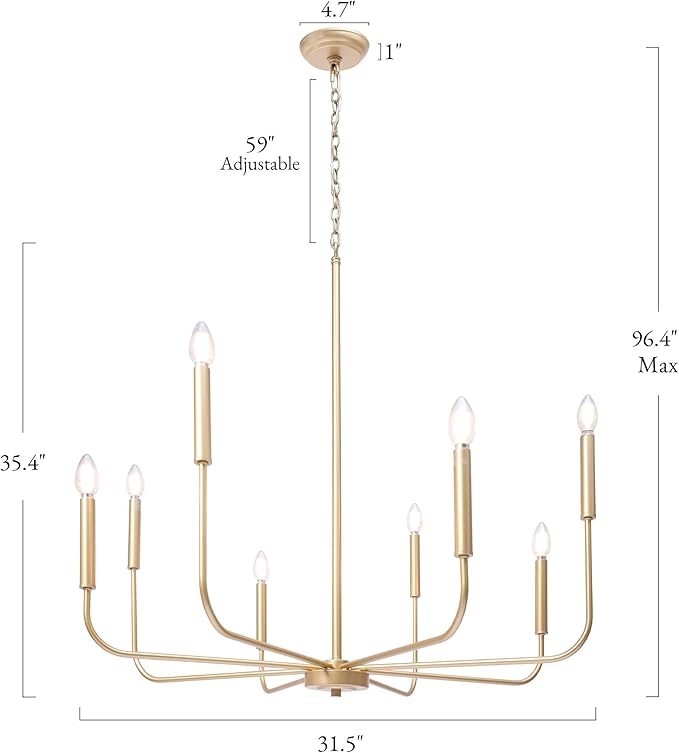 LALUZ 8-Light Gold Chandelier, 31.5'' Large Farmhouse Dining Room Light Fixture Over Table, Modern Chandeliers Hanging Lights Fixtures for Living Room Foyer Staircase High Ceilings