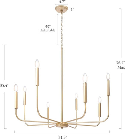 LALUZ 8-Light Gold Chandelier, 31.5'' Large Farmhouse Dining Room Light Fixture Over Table, Modern Chandeliers Hanging Lights Fixtures for Living Room Foyer Staircase High Ceilings