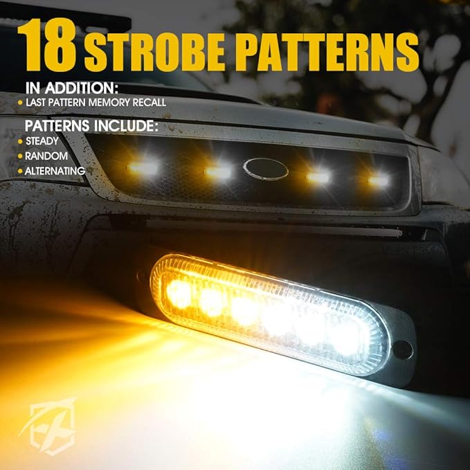 Xprite 4PCS LED Emergency Strobe Lights, Amber White 6-LED Surface Mount Flashing Strobe Lights, Sync Feature Ultra Slim Grill Light for Off-Road Vehicles ATV SUV Trucks Cars