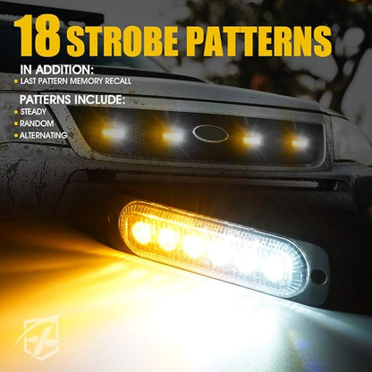 Xprite 4PCS LED Emergency Strobe Lights, Amber White 6-LED Surface Mount Flashing Strobe Lights, Sync Feature Ultra Slim Grill Light for Off-Road Vehicles ATV SUV Trucks Cars