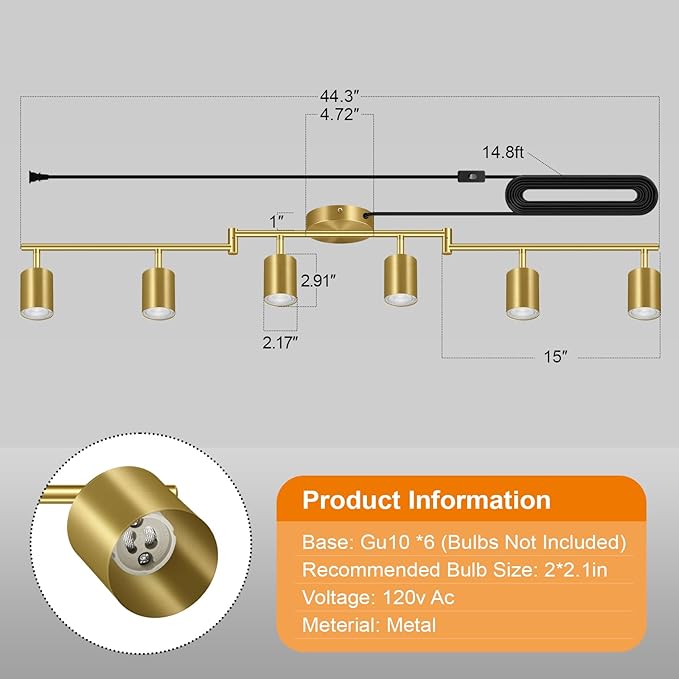 Plug in Track Lighting, LED Track Lighting Fixtures Ceiling, Gold 6-Light Kitchen Light Kit, Plug in Wall Light with 14.8ft Power Cord, Rotatable Ceiling Spotlight for Bedroom(GU10 Socket, NO Bulb)