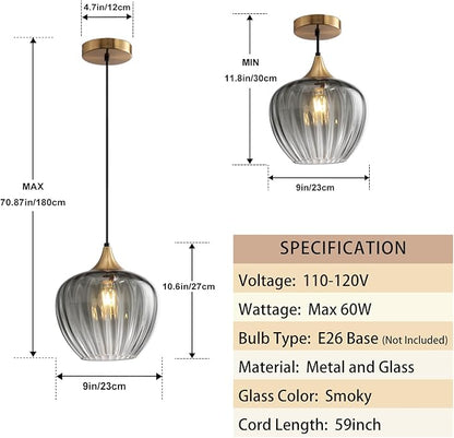 Glass Lampshade Pendant Light Kitchen Island, 9" Vintage Hanging Lamp Ceiling Lighting Fixture, Brushed Gold Modern Chandelier for Dining Room Restaurant Foyer Entryway (Smoke Grey)