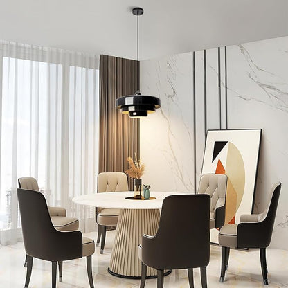 Black Mid Century Pendant Light, 59" Adjustable Hanging Cord with 3-Layer Metal Shade, Modern Chandelier for Dining Room, Kitchen Island, and Bedroom