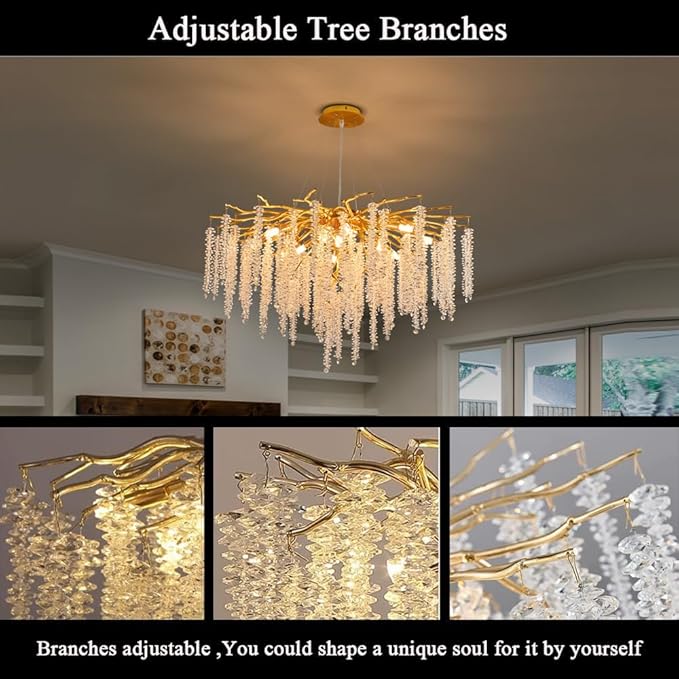 Crystal Tree Branches Chandeliers Luxury Round Raindrop Pendant Light Fixture Ceiling Hanging Light for Dining Room Bedroom Living Room Entryway D31.5“ Gold