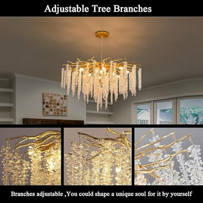 Crystal Tree Branches Chandeliers Gold Luxury Round Raindrop Pendant Light Fixture 9 Light Tassel Ceiling Hanging Light for Dining Room Bedroom Living Room Entryway 23.7"