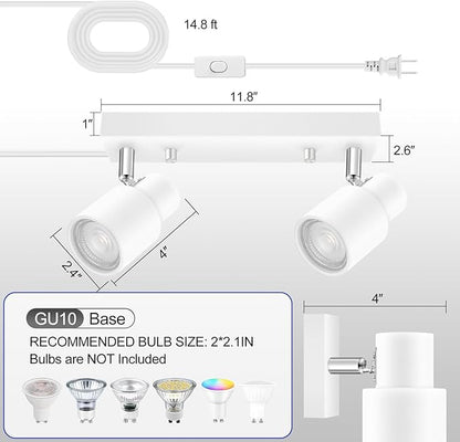 Plug in Track Lighting Fixtures Ceiling, White Track Light LED, 2-Light Track Lights with Cord, 2 Way Ceiling Spotlight, Rocker Switch, Rotatable Wall Mount Light for Kitchen/Bedroom,Bulb Not Included