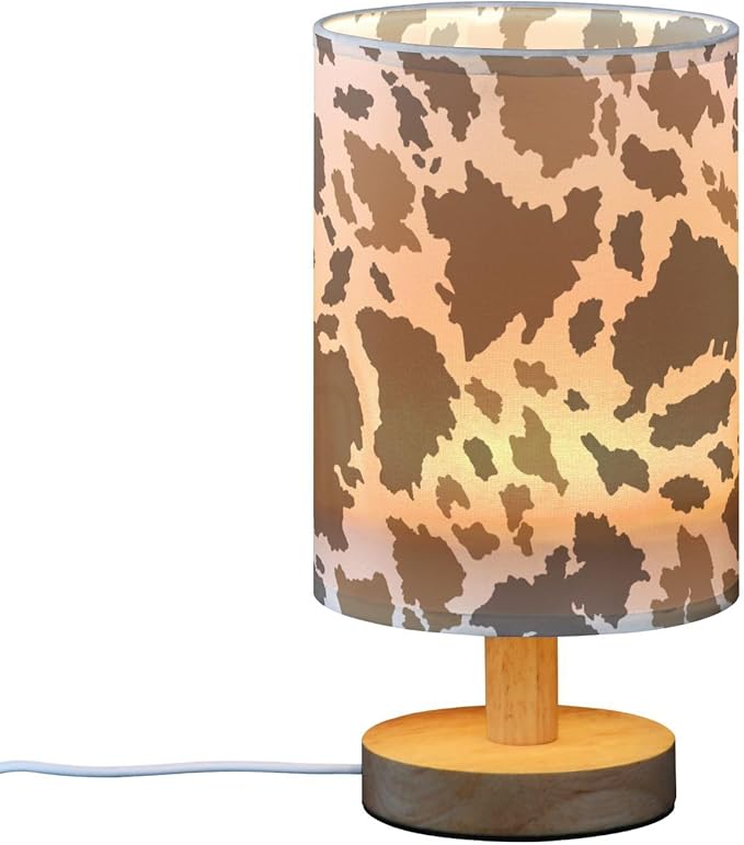 Bedside Table Lamp Cow Print Nightstand Lamp with Wood Brown Animals Skin Desk Lamps for Bedroom Living Room Nursery Office Home Decor