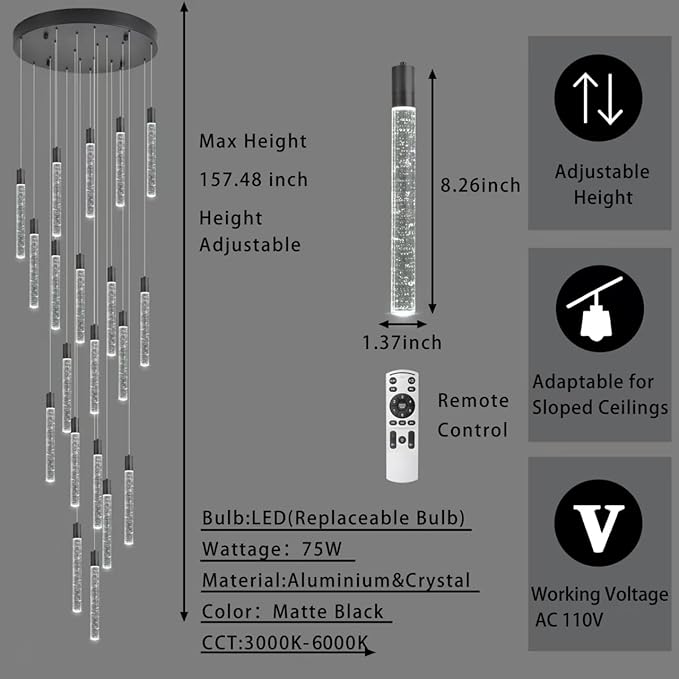 20-Lights Bubble Chandelier for Entryway High Ceiling-157 Height Adjustable Crystal Chandelier,3 Color Temperature Dimmable LED Pendant Light Fixture for Foyer Living Room Staircase,Matte Black