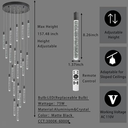 20-Lights Bubble Chandelier for Entryway High Ceiling-157 Height Adjustable Crystal Chandelier,3 Color Temperature Dimmable LED Pendant Light Fixture for Foyer Living Room Staircase,Matte Black