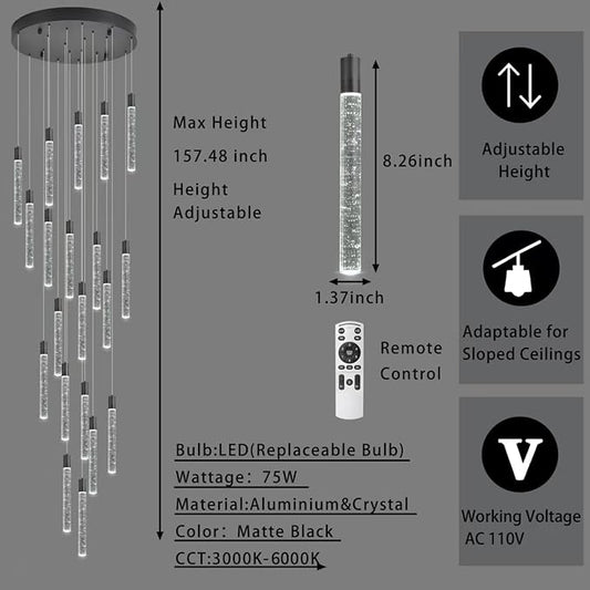 20-Lights Bubble Chandelier for Entryway High Ceiling-157 Height Adjustable Crystal Chandelier,3 Color Temperature Dimmable LED Pendant Light Fixture for Foyer Living Room Staircase,Matte Black