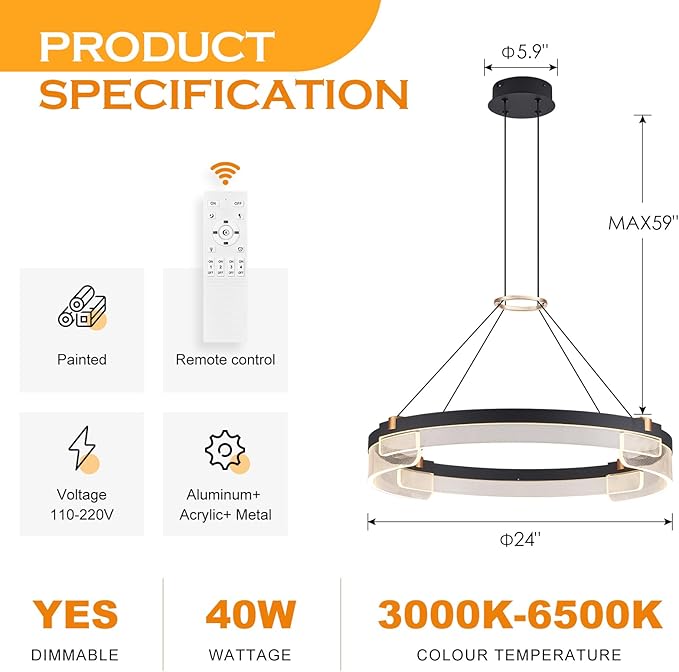 Benkut Modern LED Pendant Light Dimmable Black LED Chandelier for Dining Room Pendant Light Fixture Over Table Modern Chandelier Kitchen Island Living Room Entryway, 24 inch 3000K-6500K