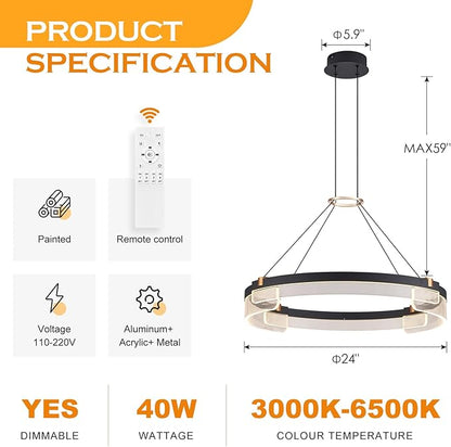 Benkut Modern LED Pendant Light Dimmable Black LED Chandelier for Dining Room Pendant Light Fixture Over Table Modern Chandelier Kitchen Island Living Room Entryway, 24 inch 3000K-6500K