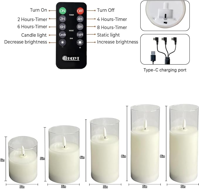 Rechargeable Flameless Glass Pillar Candles–Gifts for Women,–Set of 5, Realistic Flickering LED Light,Remote & Timer, Ideal for Living Room, Bedroom & Festival Wedding Party Décor