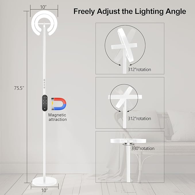 EPABINA Torchiere Floor Lamp for Bedroom, 75.5 Inch Tall Corner Standing Lamp for Living Room with Rotatable Ring Lights, 36W Bright Dimmable LED Floor Light with Remote Control for Reading Office