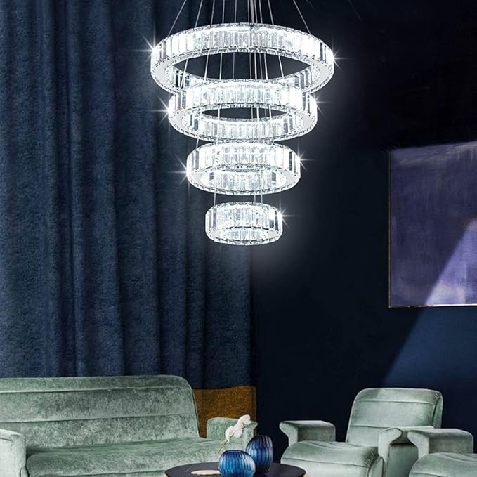 CLAIRDAI Modern 4 Ring Crystal Chandelier, LED Pendant Light Fixture, Cool White K9 Crystal Ceiling Light for Dining Room, Living Room, Bedroom
