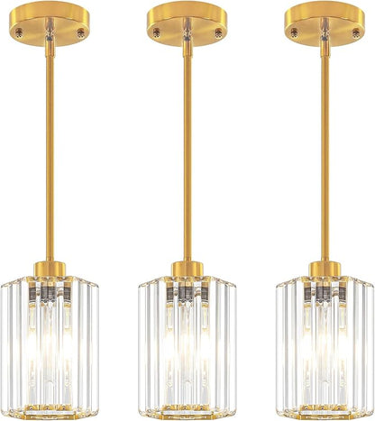 3-Pack Brushed Gold Pendant Lights Kitchen Island Modern Crystal Hanging Pendant Light Hexagonal Mini Chandelier Adjustable Hanging Kitchen Lights for Dining Room Hallway Bedroom Entryway Pendant Lamp