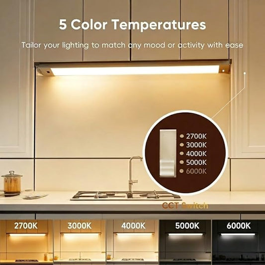 12 Inch Under Cabinet Lights 2 Packs High Brightness Easy Install Plug in, Hand Wave Activated LED Under Counter Lights for Kitchen for Bookshelf 5CCT& Stepless Dimmable Closet Motion Light