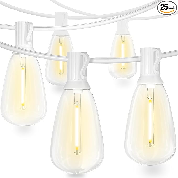 50FT Outdoor LED String Lights, White String Lights with 25 Shatterproof ST35 LED Vintage Edison Bulbs, Waterproof Hanging Patio Lights for Outside Backyard Garden
