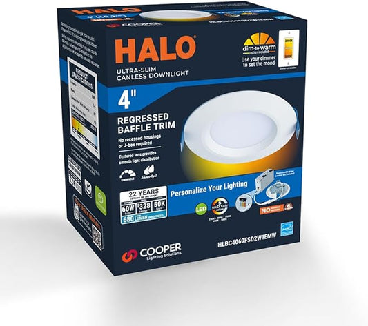 HALO HLBC 4 in Ultra-Slim Canless LED Recessed Lighting Downlight with Regressed Lens, Selectable CCT, Dim-to-Warm Technology, 600 Lumens, Wet Rated, IC Rated, Energy Star - HLBC4069FSD2W1EMW
