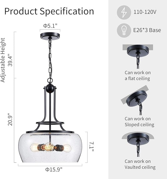 WUZUPS Chandelier Rustic Farmhouse Industrial Round Ceiling Pendant LED Light Fixture Clear Seeded Glass Shade for Dining Room Kitchen Island Foyer Entryway, H 20.9" x W 15.9", Black