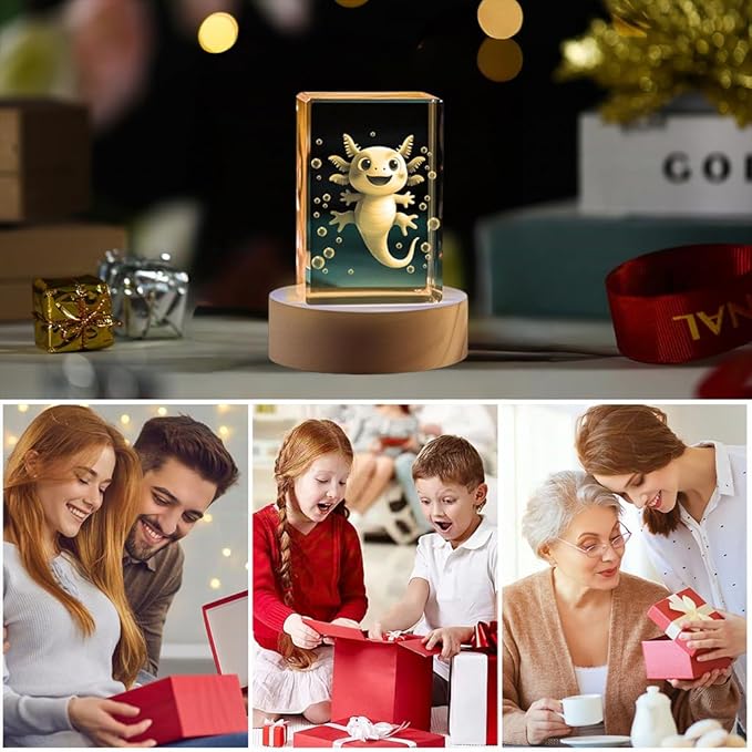 3D Axolotl Crystal Night Light for Kids, Emotional Support Gift for Animal Lovers Christmas Valentines Anniversary